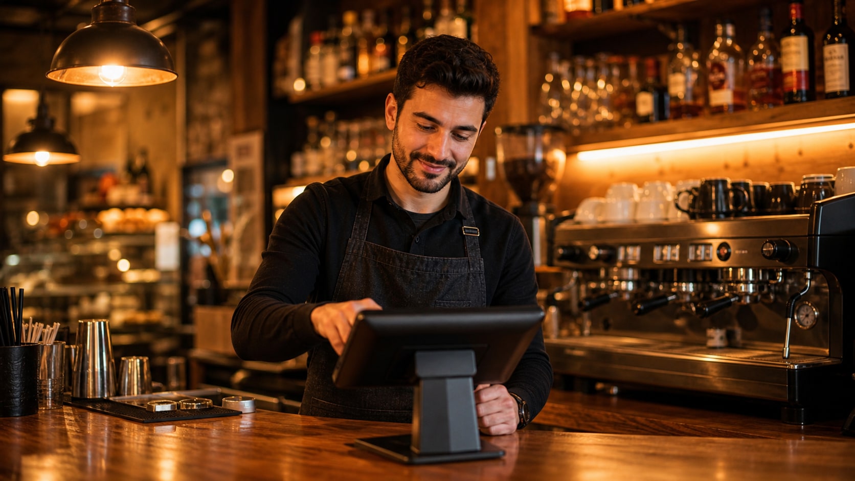 Bar tezgâhının arkasında dokunmatik POS terminalinde ödeme alan barista