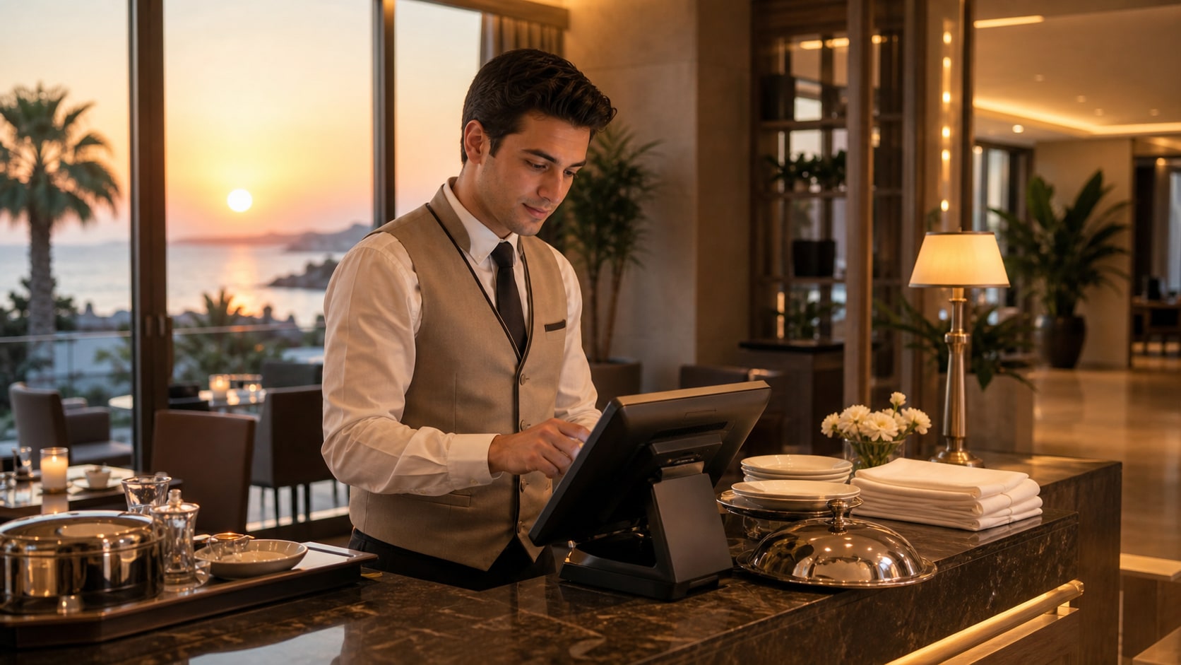 Otel restoranında oda servisi hazırlayan, adisyonu odaya yazan üniformalı görevli