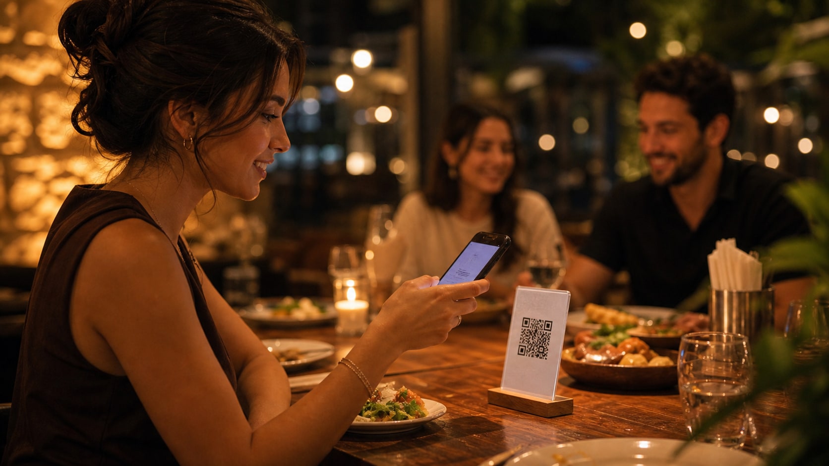 Restoran masasındaki QR kodu telefonuyla okutarak sipariş veren genç misafir